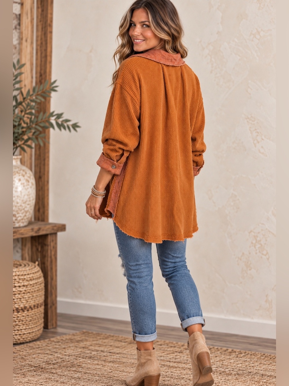 Oli & Hali Rust Waffle Knit Distressed Shacket Jacket NWOT - Picture 2 of 5